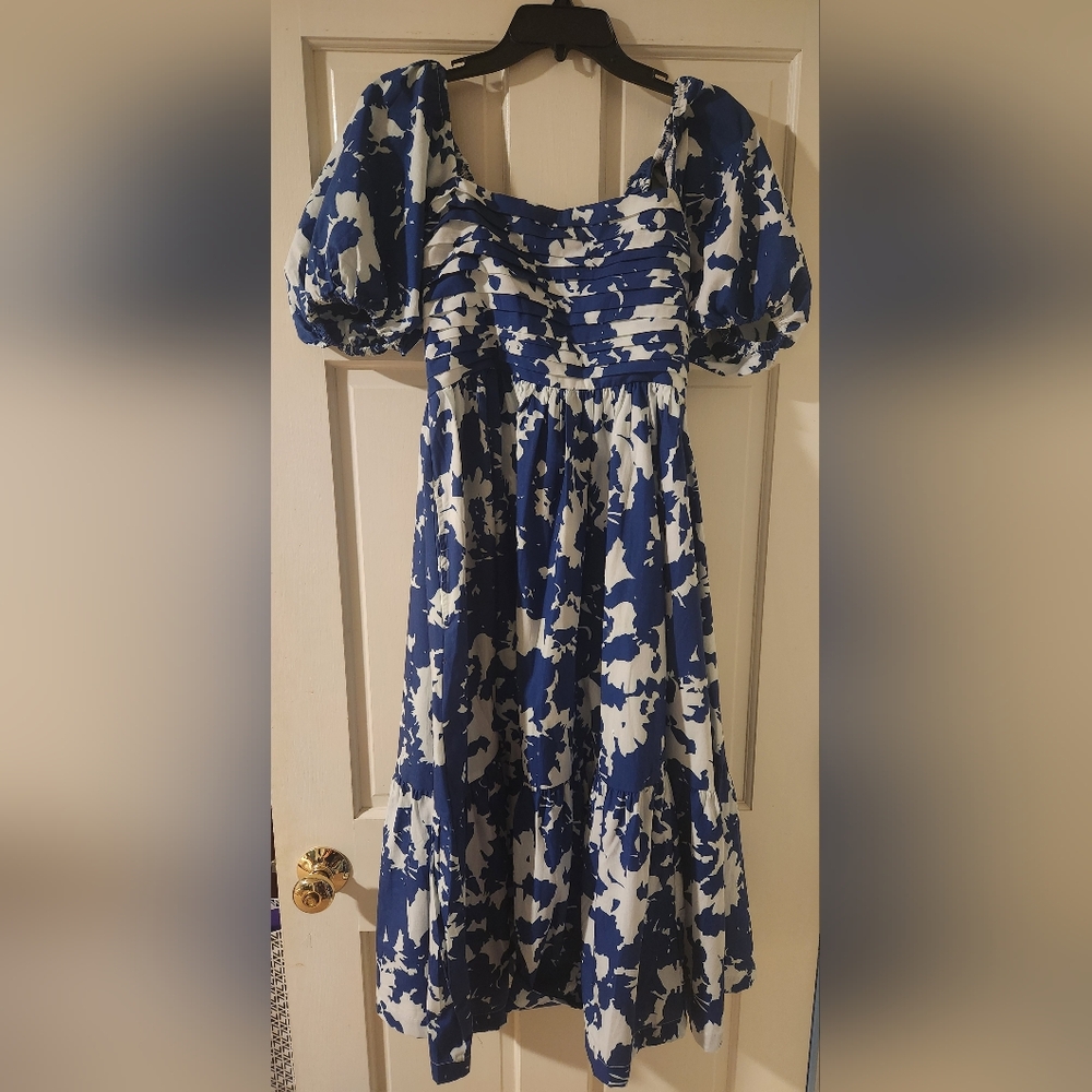 Abercrombie and Fitch puff sleeve Emerson midi dress in blue pattern size SP